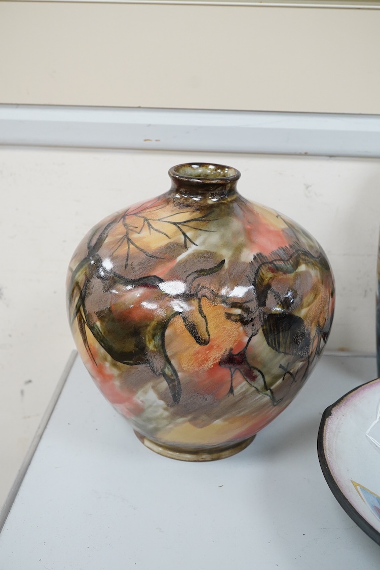Two Cobridge vases, a Pilkington's Royal Lancastrian vase, 20cm high and a Diane Cross bowl